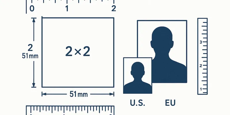 Professional passport photo setup showing 2x2 inch photo with measurement grid overlay and technical specifications for DS-160 visa applications