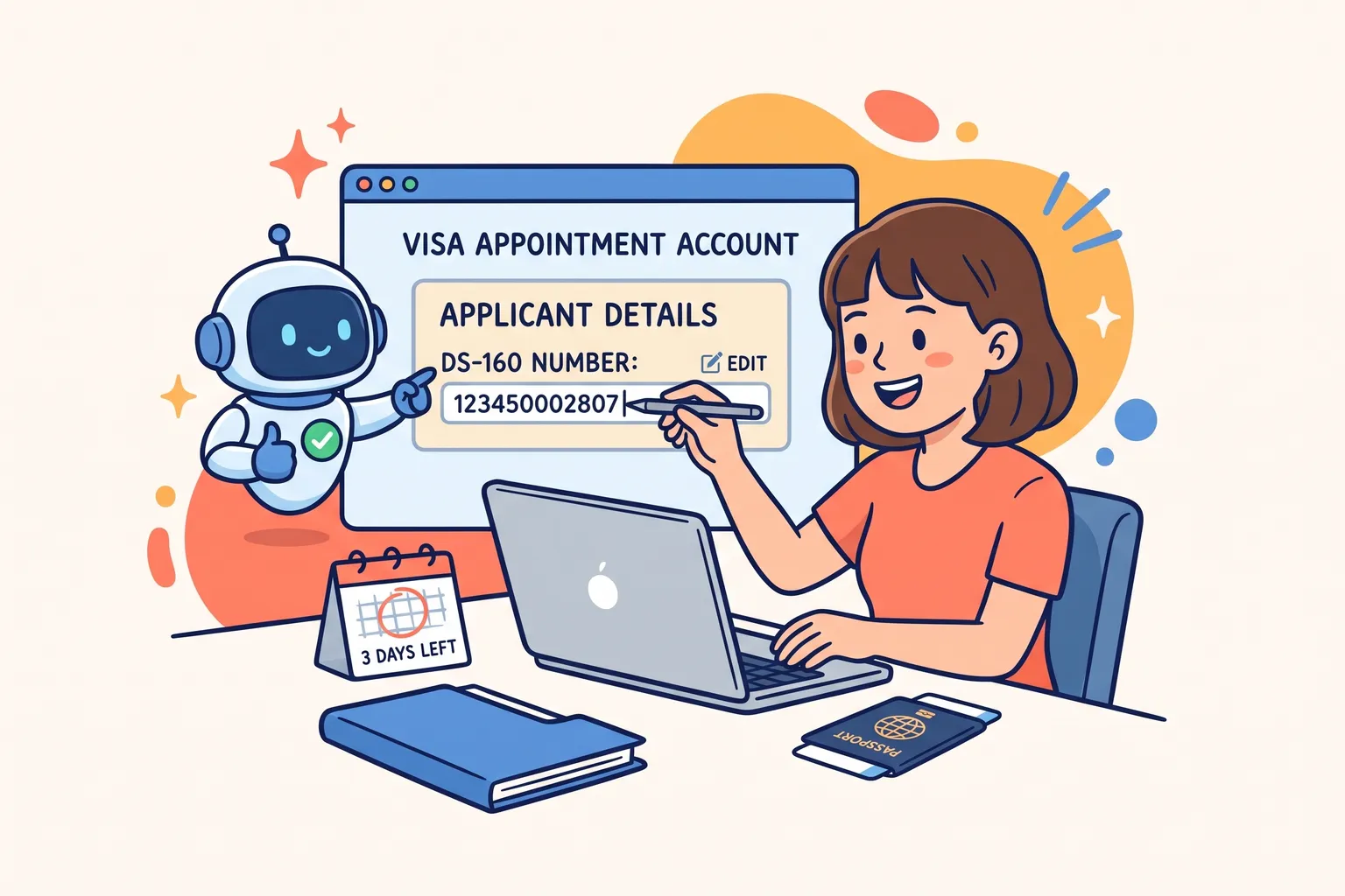 A visa appointment account showing the DS-160 number field being edited