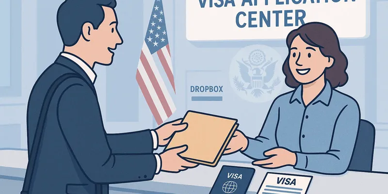 Person submitting DS-160 visa documents at a Visa Application Center for dropbox appointment processing