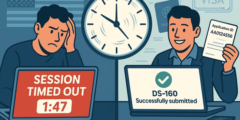 DS-160 session timeout recovery interface showing application ID retrieval process and prevention strategies for US visa applicants.