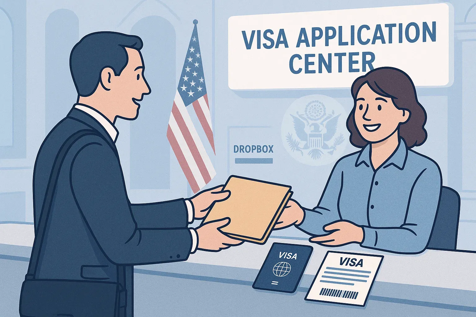 Persona enviando documentos DS-160 en un Visa Application Center para procesamiento por dropbox