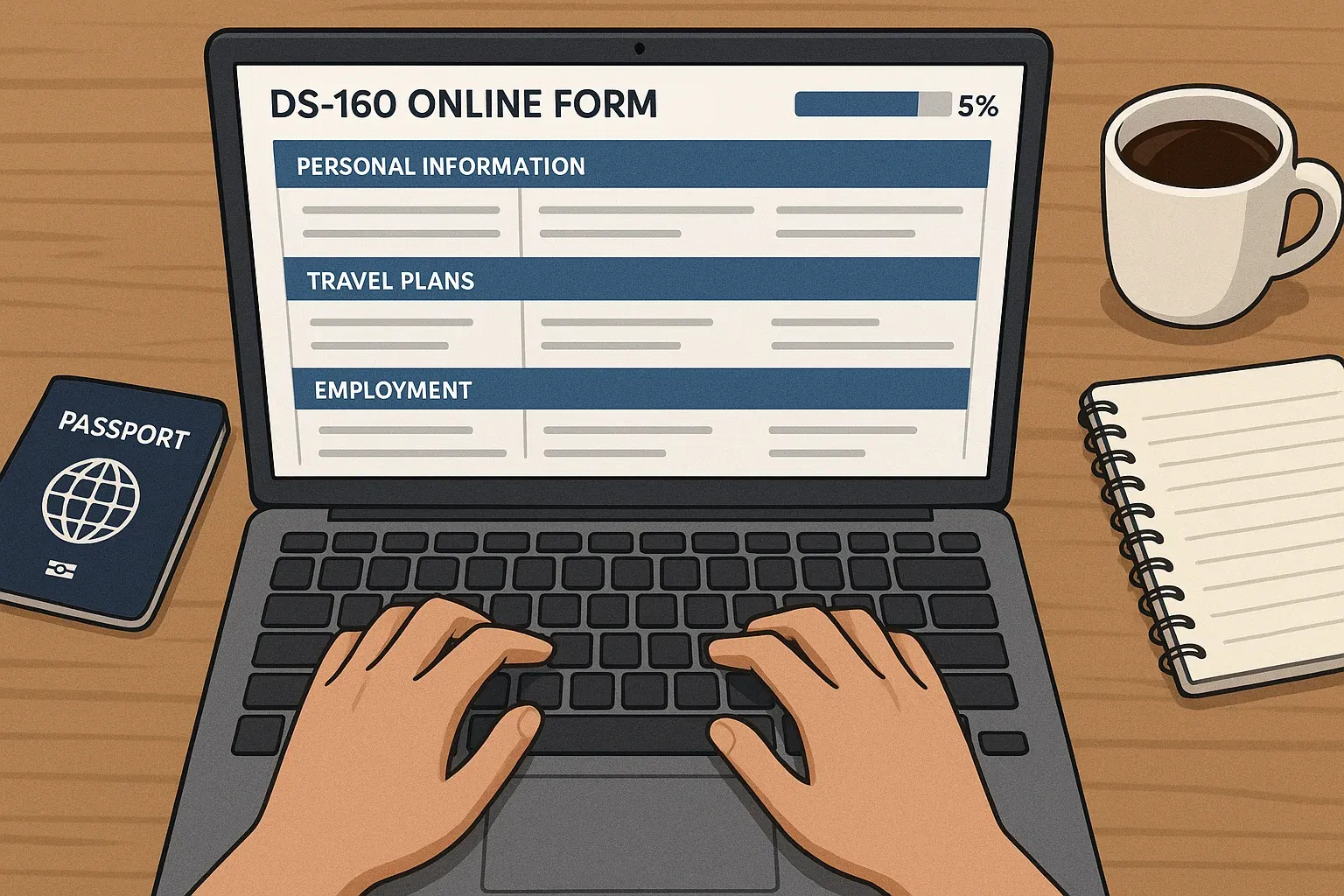 Rellenando el formulario DS-160 en línea: laptop, pasaporte y barra de progreso mostrando la solicitud casi completa.
