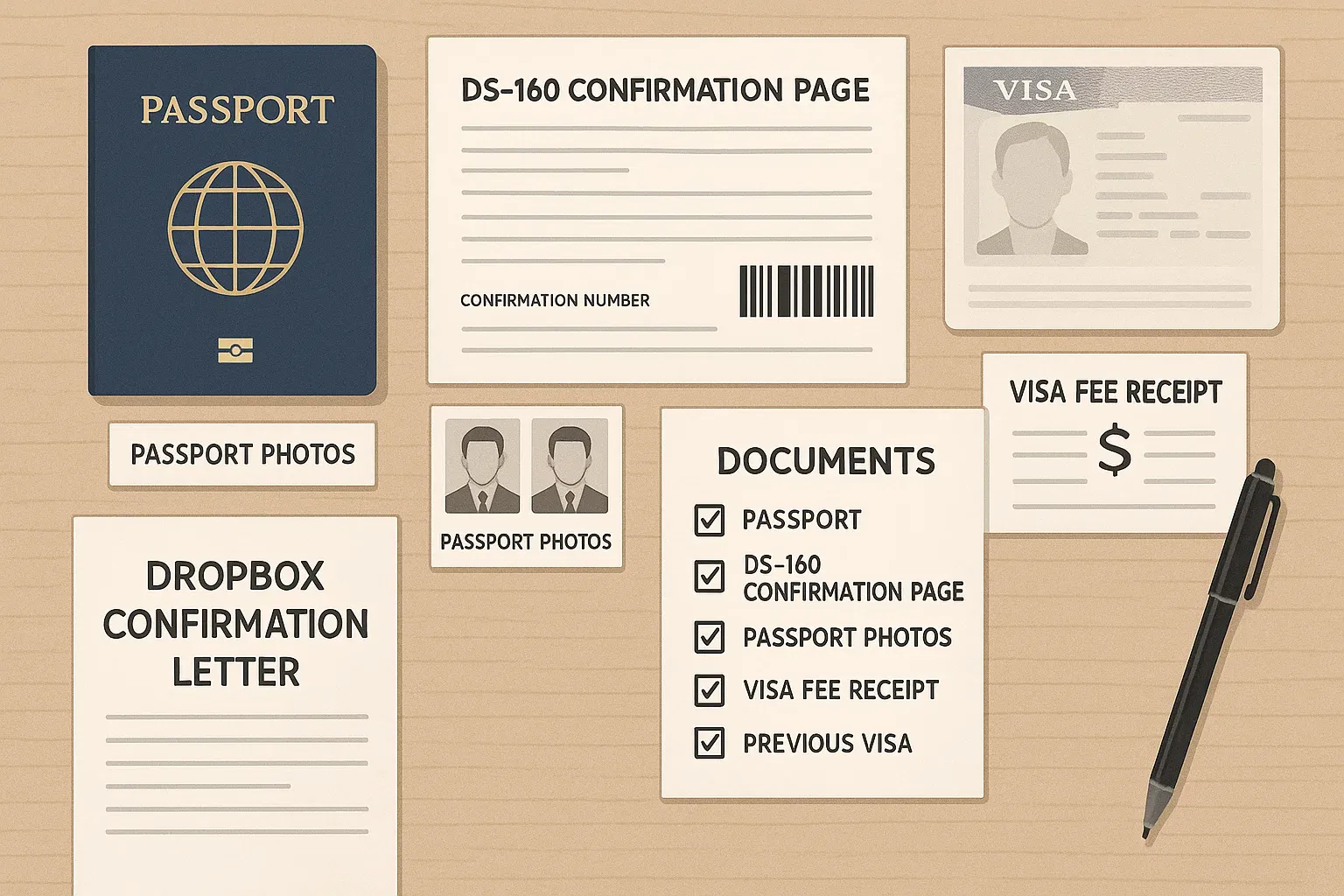 Todos los documentos de dropbox requeridos: pasaporte, confirmación del DS-160, foto de visa, recibo de tarifa, visa previa y lista de verificación.