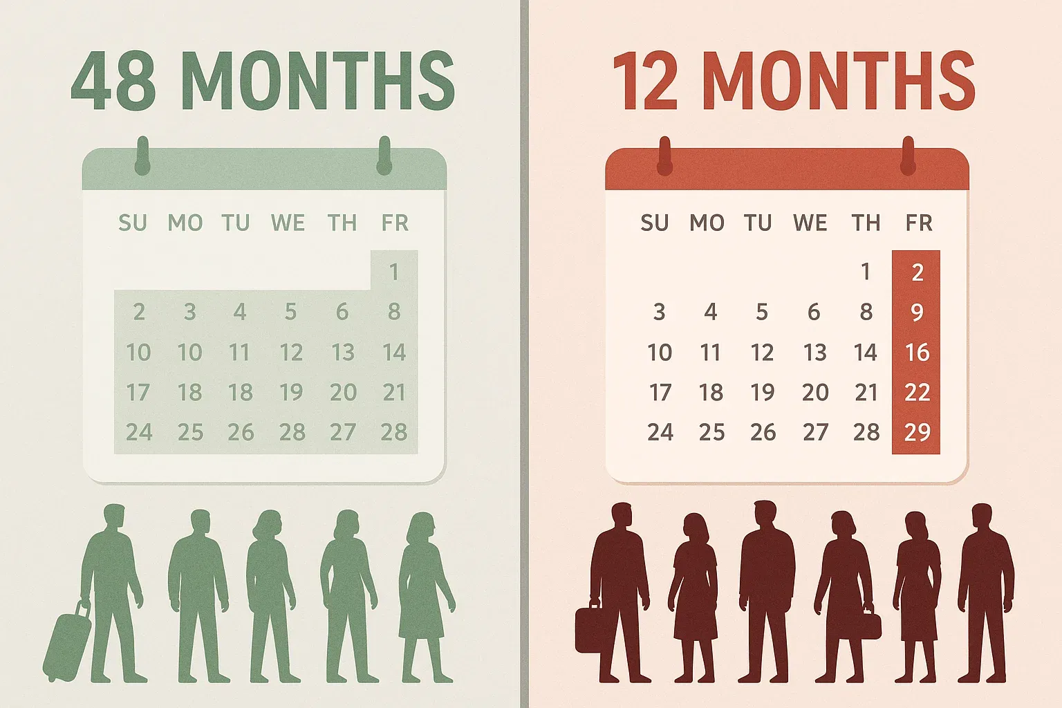 Comparación de elegibilidad dropbox: antes 48 meses (muchos solicitantes) vs. ahora 12 meses (menos elegibles).